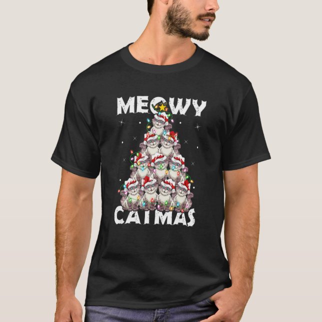 Cat Xmas Lights Santa Meowy Catmas Cat Christmas R T-Shirt (Front)