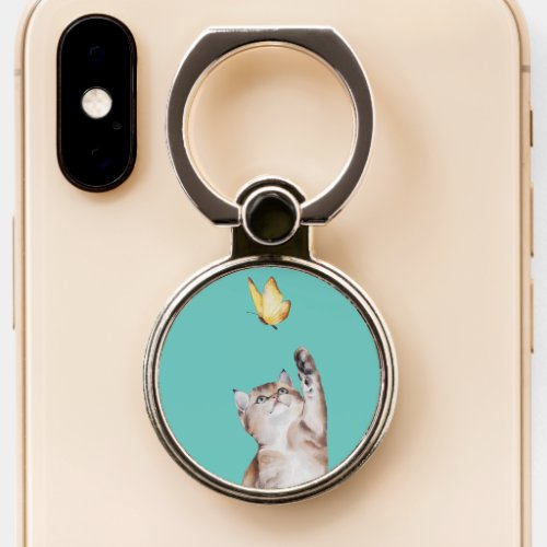 Cat  Yellow Butterfly Light Teal Vs 2 Phone Ring Stand