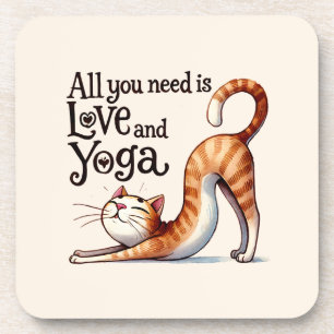 Cat Yoga Pose -All You Need Is Love and Yoga Beverage Coaster