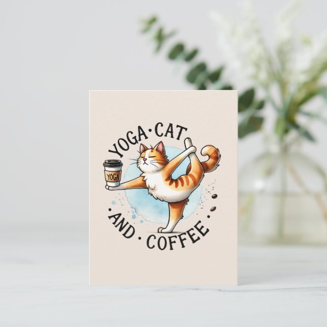 Cat Yoga Pose - Yoga Cat and Coffee Postcard (Standing Front)