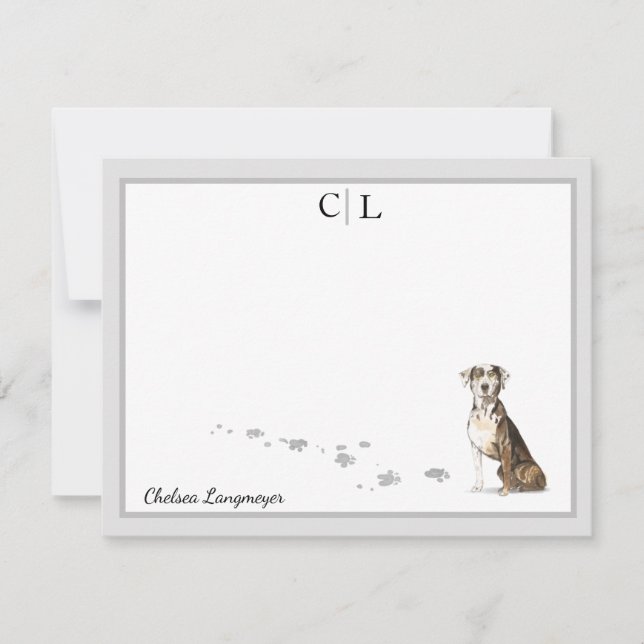 Catahoula Hound Dog Gray Border Monogram  Name Note Card (Front)
