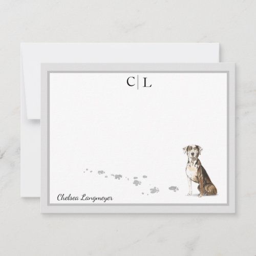 Catahoula Hound Dog Gray Border Monogram  Name Note Card