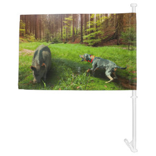 Catahoula Leopard Dog Baying Feral Hog in Forest Car Flag