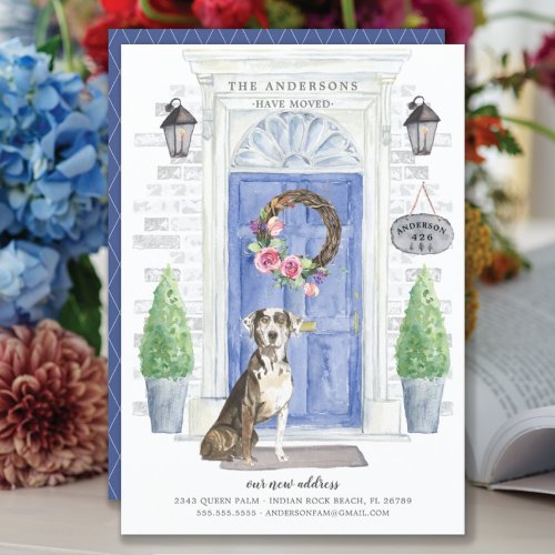 Catahoula Leopard Dog Door Moving Announcement - Announce your new address with our stylish announcement featuring a Catahoula Leopard Dog, blue front door, welcome mat, slate sign, topiaries and a floral wreath set on a gray brick background.