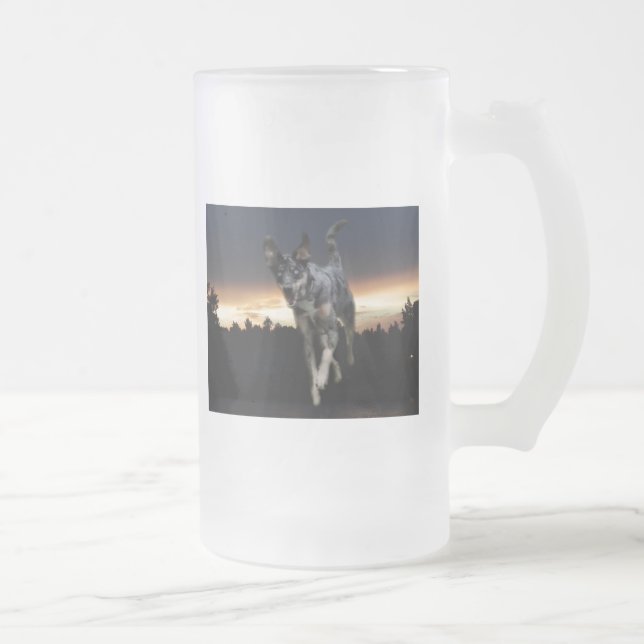 Catahoula Leopard Dog Running on Sunset Frosted Glass Beer Mug (Right)