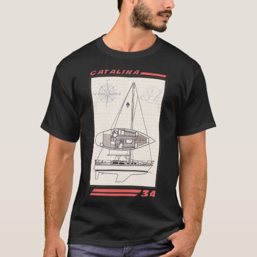 Catalina 34 Sailboat Line Drawing  T_Shirt