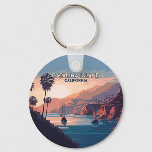 Catalina Island California Boats Sunset Retro Keychain