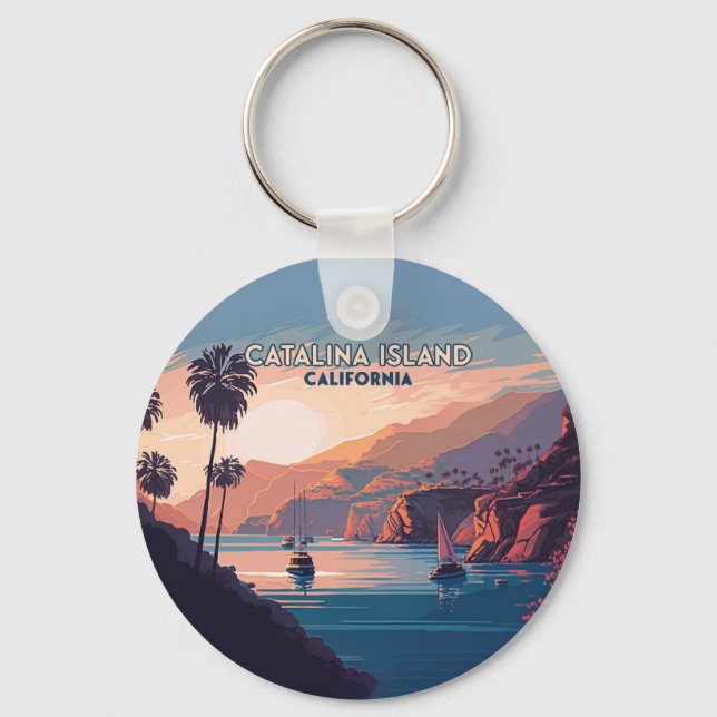 Catalina Island California Boats Sunset Retro Keychain (Front)