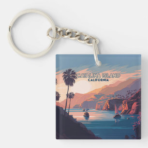 Catalina Island California Boats Sunset Retro Keychain