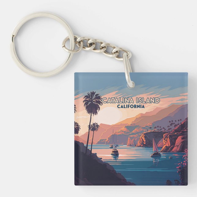 Catalina Island California Boats Sunset Retro Keychain (Front)
