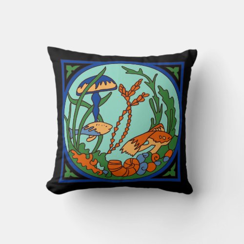 Catalina Island Tile Vintage 1920s Undersea Garden Throw Pillow