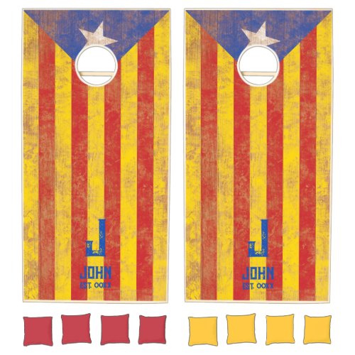 Catalonia Flag Personalized Name Monogram Wood Cornhole Set