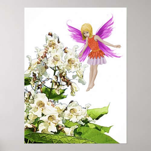 Catalpa Tree Fairy beside Flowers Poster