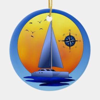 Catamaran Sailboat And Compass Rose Ceramic Ornament by packratgraphics at Zazzle