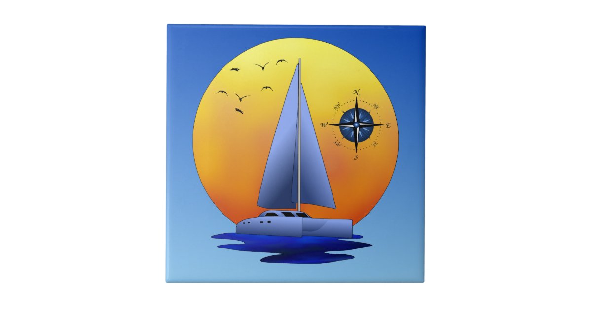 Catamaran Sailboat And Compass Rose Ceramic Tile | Zazzle