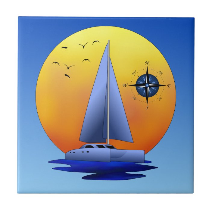 Catamaran Sailboat And Compass Rose Ceramic Tile | Zazzle.com