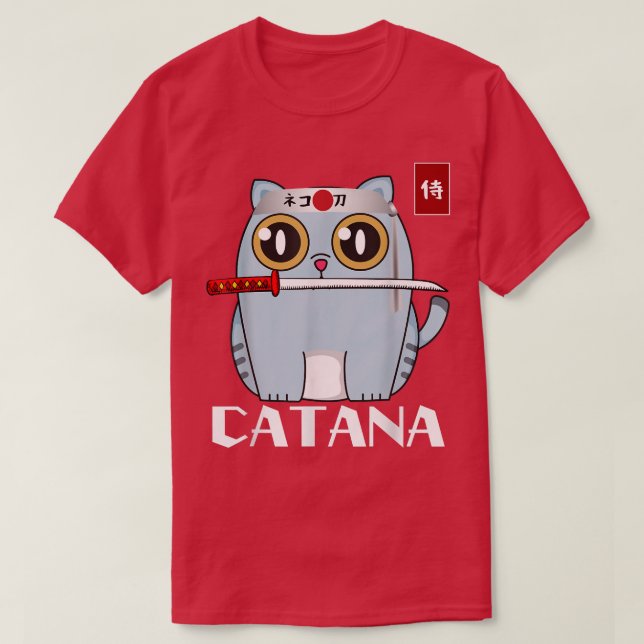 Catana Cat with Katana Cute Japanese Samurai Cat O T-Shirt (Design Front)