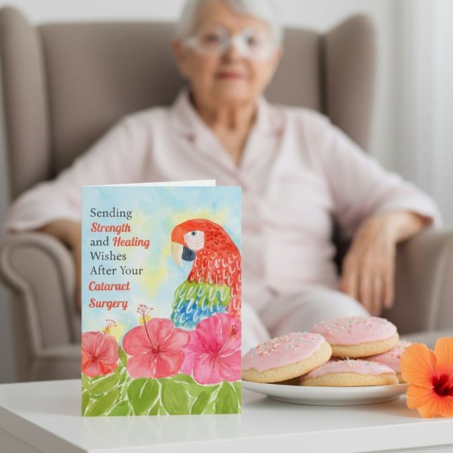 Cataract  Surgery Healing Scarlet Macaws, Hibiscus Card (Creator Uploaded)