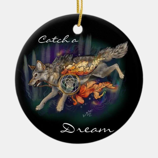 Catch a Dream,Dreamcatcher Wolf~ornament Ceramic Ornament (Front)