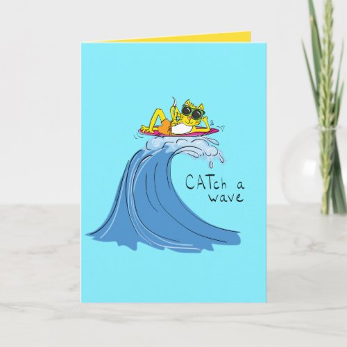 Catch a Wave Surfing Cat Funny Greeting Card