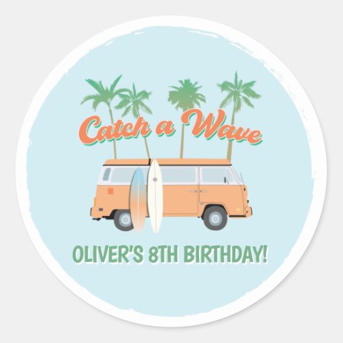 Catch a Wave Surfs Up Any Age Happy Birthday Classic Round Sticker