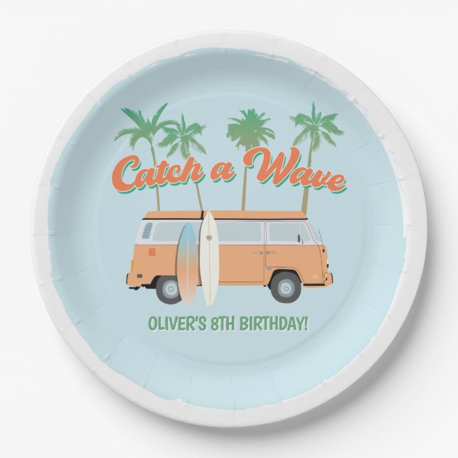 Catch a Wave Surf's Up Any Age Happy Birthday Paper Plates (Front)