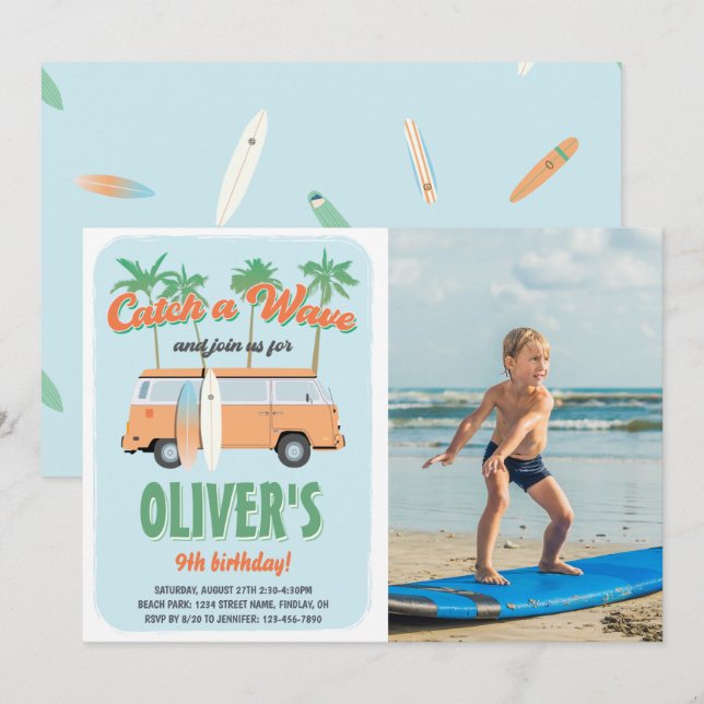 Catch a Wave Surf's Up Photo Birthday Party Invitation (Front/Back)