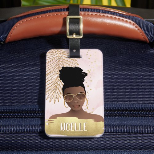 Catch Flights Not Feelings Black Woman Pink  Gold Luggage Tag