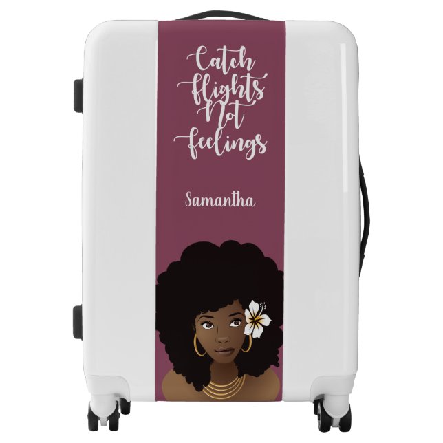 Catch Flights Not Feelings, Black Woman, Purple Luggage (Front)