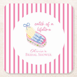 Catch of a lifetime sardines bridal shower pink square paper coaster