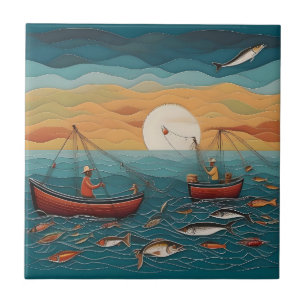 Catch Of The Day Fishing Folk Art, Ceramic Tile