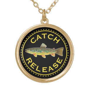 Catch & Release Brown Trout Fly Fishing Lady's Gold Plated Necklace