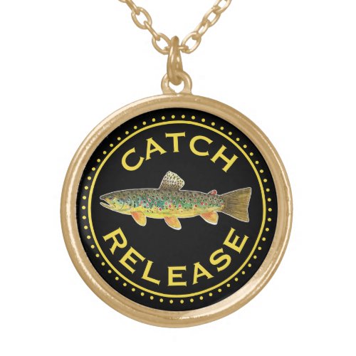 Catch  Release Brown Trout Fly Fishing Ladys Gold Plated Necklace