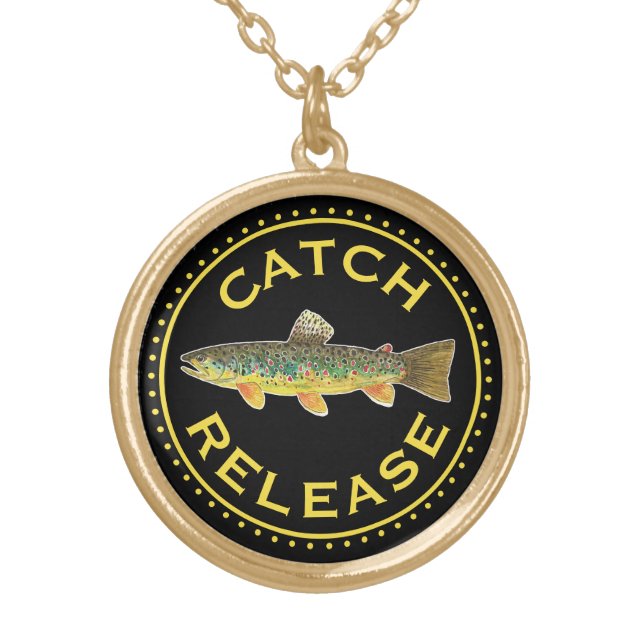 Catch & Release Brown Trout Fly Fishing Lady's Gold Plated Necklace (Front)