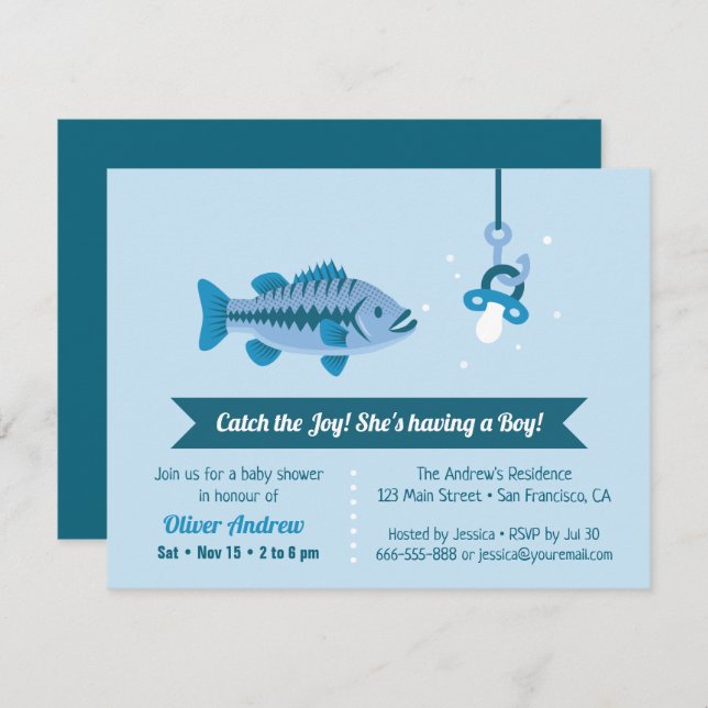 Catch the Joy Sea Bass Fishing Themed Baby Shower Invitation (Front/Back)