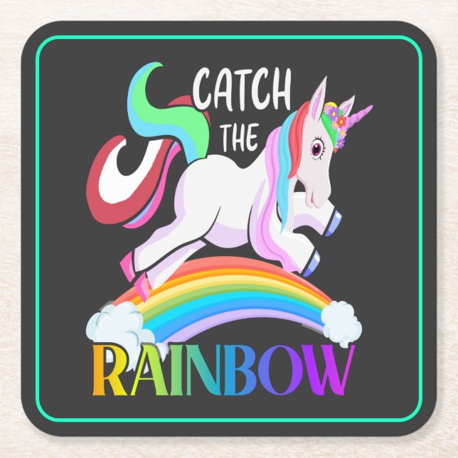 Catch the Rainbow Unicorn Design Square Paper Coaster (Front)