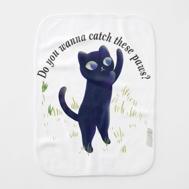 Catch These Paws – Playful Midnight Kitty Baby Burp Cloth (Front)