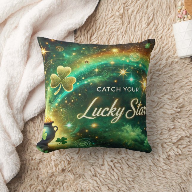 Catch Your Lucky Star Celestial Green Gold Throw Pillow (Blanket)