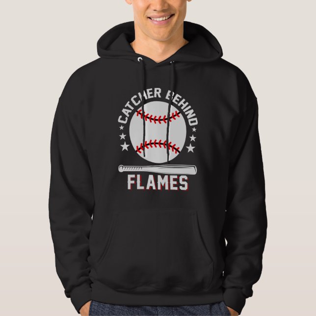 Catcher Behind Flames White Playing Baseball Hoodie (Front)