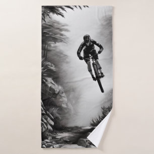 Catching Air - Mountain Bike Digital Pencil Sketch Bath Towel