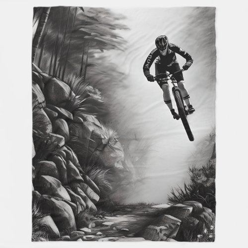 Catching Air _ Mountain Bike Digital Pencil Sketch Fleece Blanket