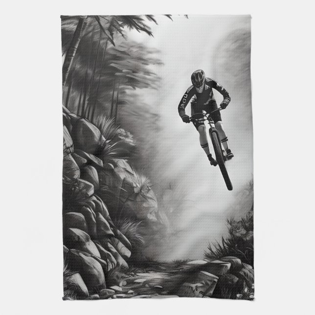 Catching Air - Mountain Bike Digital Pencil Sketch Kitchen Towel (Vertical)