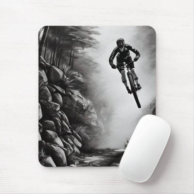 Catching Air - Mountain Bike Digital Pencil Sketch Mouse Pad (With Mouse)