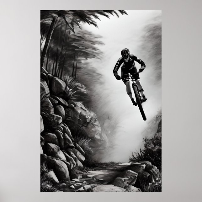Catching Air - Mountain Bike Digital Pencil Sketch Poster (Front)