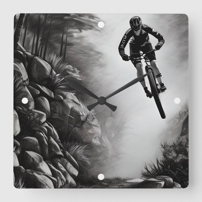 Catching Air - Mountain Bike Digital Pencil Sketch Square Wall Clock (Front)