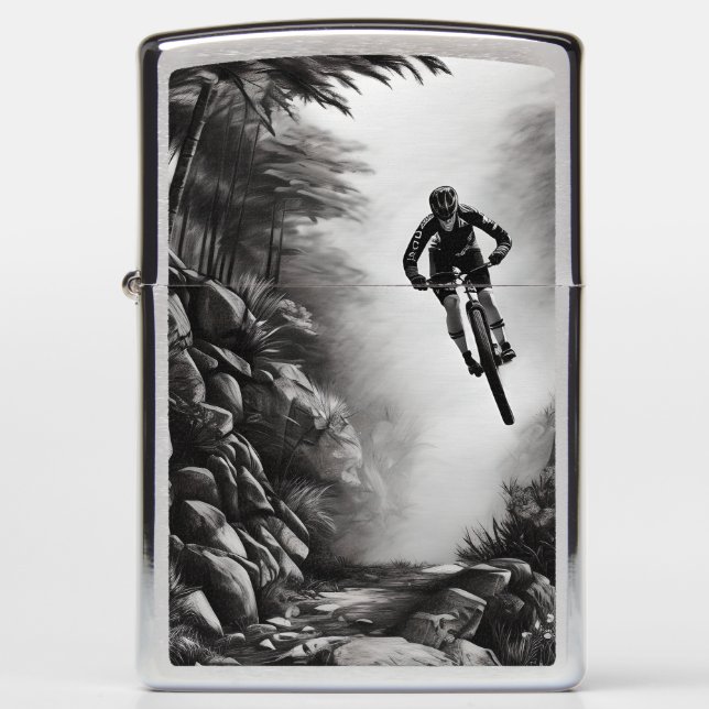 Catching Air - Mountain Bike Digital Pencil Sketch Zippo Lighter (Front)