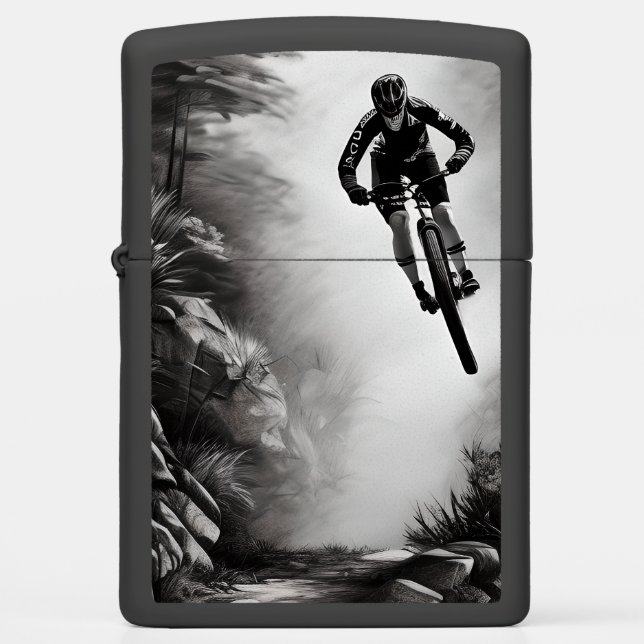 Catching Air - Mountain Bike Digital Pencil Sketch Zippo Lighter (Front)