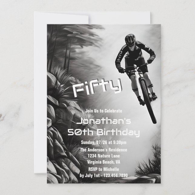 Catching Air - Mountain Bike Sketch 50th Birthday Invitation (Front)