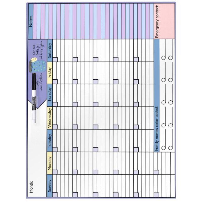 Catching Fireflies ChildcareCalendar Dry Erase Board (Front)
