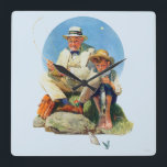 Catching the Big One Square Wall Clock<br><div class="desc">Artist: Norman Rockwell | Farmboy watches as businessman pulls in catch with his pole</div>